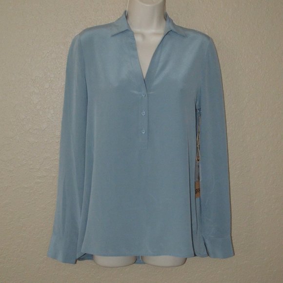 NWT $288 Sz XS Go by GoSilk Blue Silk Blouse - Picture 1 of 6